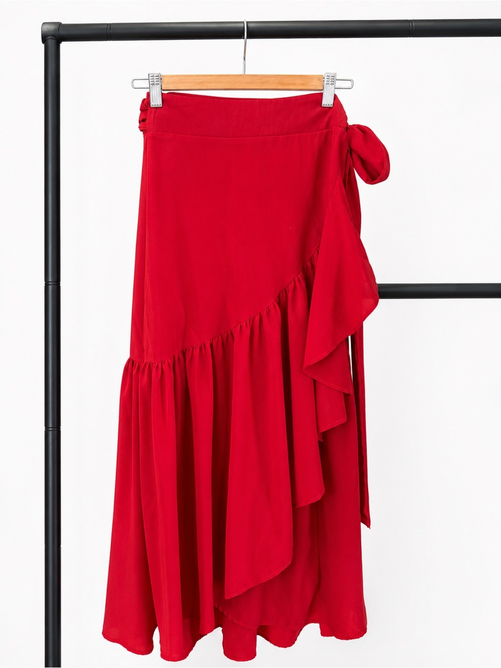 Tie-Waist Red Maxi Skirt with Asymmetric Ruffle